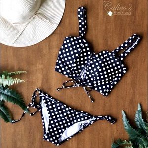 Black/White Polka Dot Lace Up Bikini Size Small
